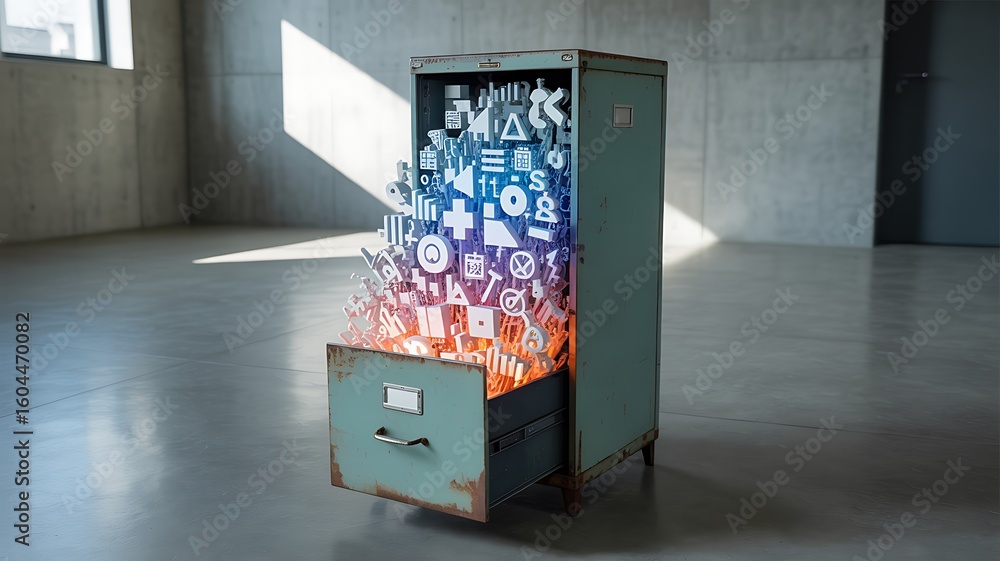 Poster old filing cabinet overflowing with glowing symbols and letters drawer open