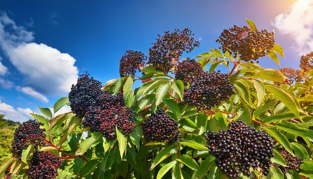 clusters of ripe black elderberries on bush among green leaves under blue sky with white clouds close up