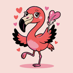 Cartoon flamingo with hearts and a feather on a pink background in a whimsical illustration style