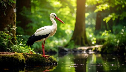 Stork in a lush forest beside a pond
