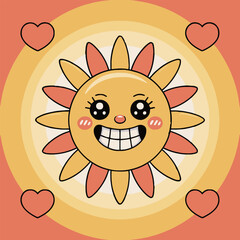 A cartoon sun with a big smile surrounded by hearts on an orange and yellow gradient background