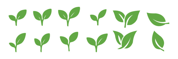 Leaf sprout icon vector set, green leaves plant eco logo symbol simple graphic illustration set, vegan fresh herb pictogram shape sign, organic natural healthy logotype eps 10