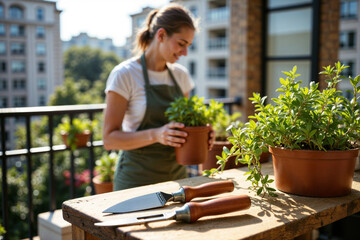 Urban gardening bliss. A smiling young woman in an apron tends to her potted plants on a sunny apartment balcony.