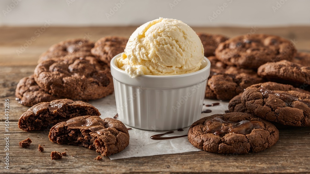 Aufkleber tight frame of a serving bowl with ice cream paired with chocolate cookies on a flat surface