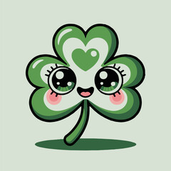 A cute cartoon clover with big eyes and a heart in the center on a light green background