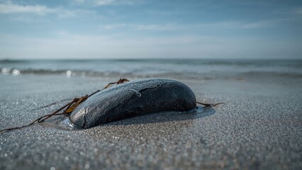 Macro shot of a polished black stone half-covered by moist sand with soft ocean water lapping close