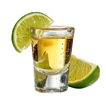 glass shot of tequila with lime on white background