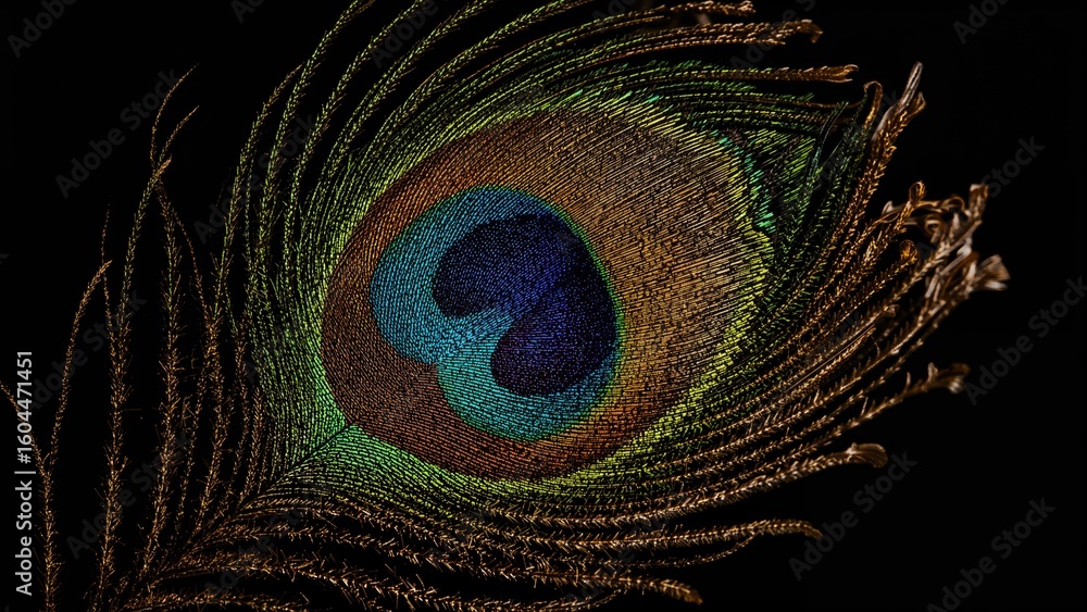 Poster zoomed-in perspective of a bright peacock feather on a shadowy background designed with generative a