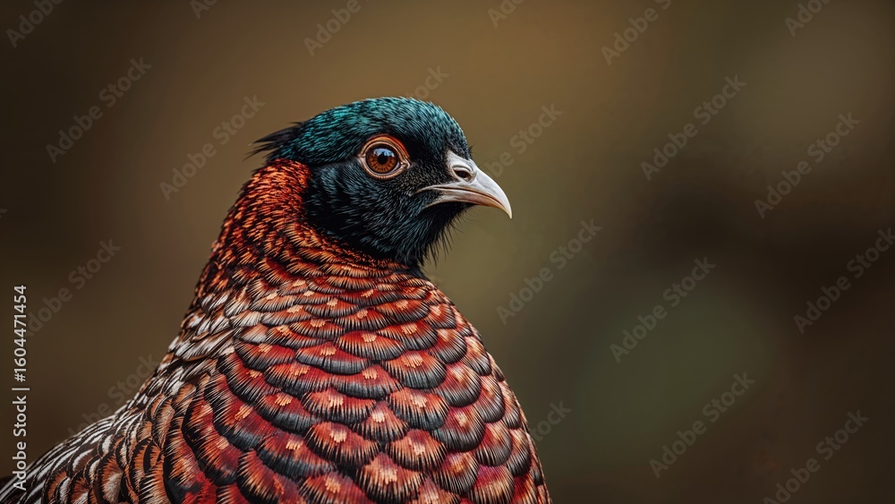 Poster detailed feathers of a pheasant captured up close with a soft-focus backdrop