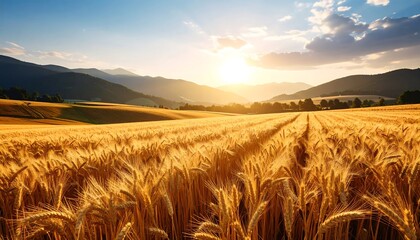 Obraz premium Golden wheat field at sunset, mountains in the distance