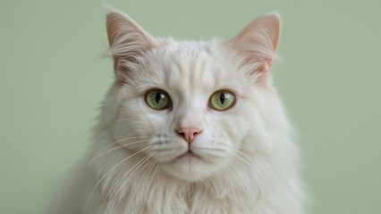 Close-up portrait of a gorgeous light-colored cat with striking green eyes and delicate nose