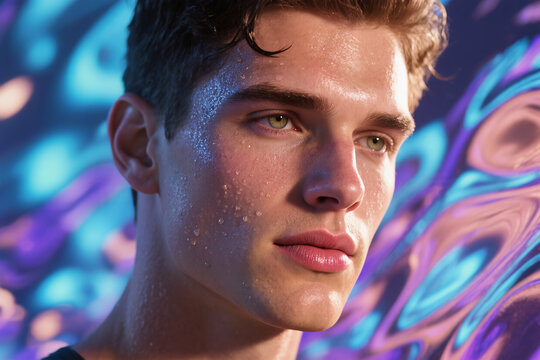 Close-up of a young man with glowing skin at a lively event