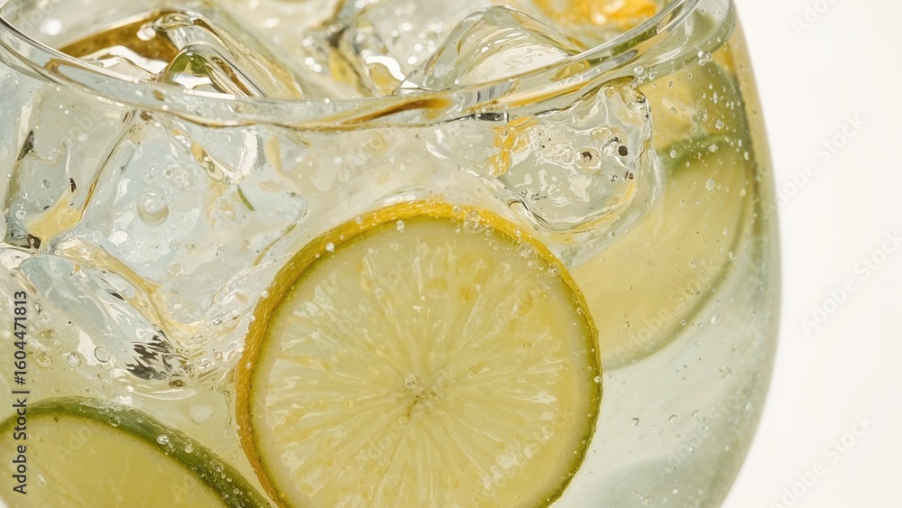 Poster zoomed-in fresh lemon cuts floating in cold sparkling lemonade. tropical summer refreshment
