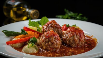 Fototapeta premium Macro view of appetizing meatballs served with fresh greens and a knocked-over oil bottle against a black setting