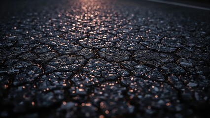 Intimate view of a grainy tarmac with faint light reflections during nighttime