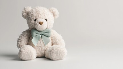 Soft teddy bear with a bow sitting on a plain background