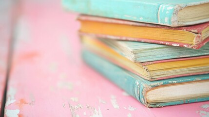 Stacked worn books resting on a vibrant pink wooden table