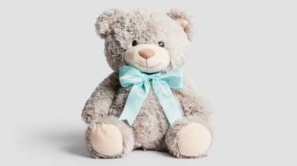 Soft gray teddy bear with a blue bow sitting on a light gray background