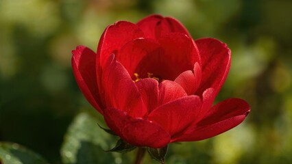 Fototapeta premium Close-up portrait of a unique blossom showcasing vibrant red hues in a natural garden setting