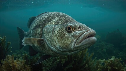 Fototapeta premium Underwater Close-Up of Giant Bass in Dense Kelp Forest