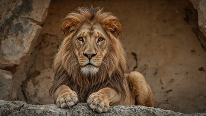 Obraz premium Intimate shot of a mature wild lion seated on rugged rocks, facing the camera with a low viewpoint