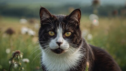 Obraz premium Tight frame image of a bicolor cat in a countryside landscape
