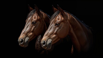Obraz premium Intimate portrait of two horses on a shadowy background