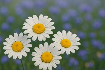 Four white daisies with yellow centers close up