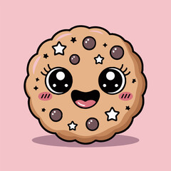 A cartoon cookie with a smiling face and stars on a pink background in a cute and friendly style
