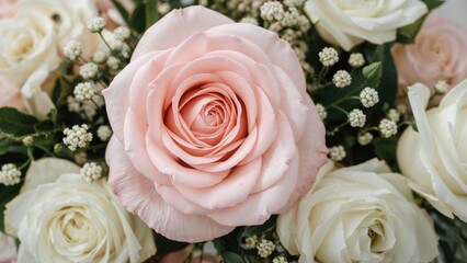 Obraz premium Macro shot of a pink rose in a bouquet, emphasizing floral textures and the essence of love and celebration