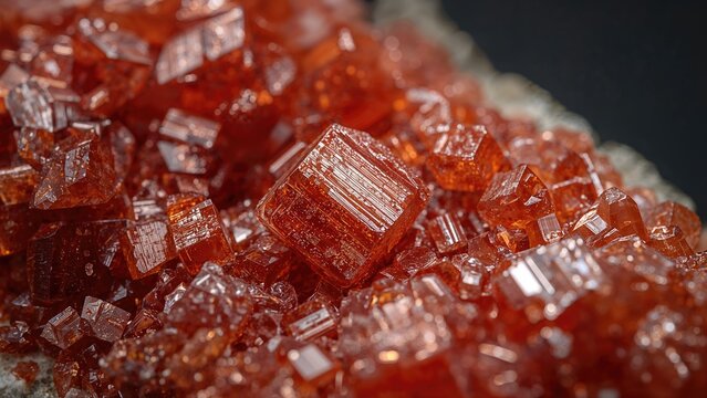 Detailed view of bright orange-red vanadinite crystal formations