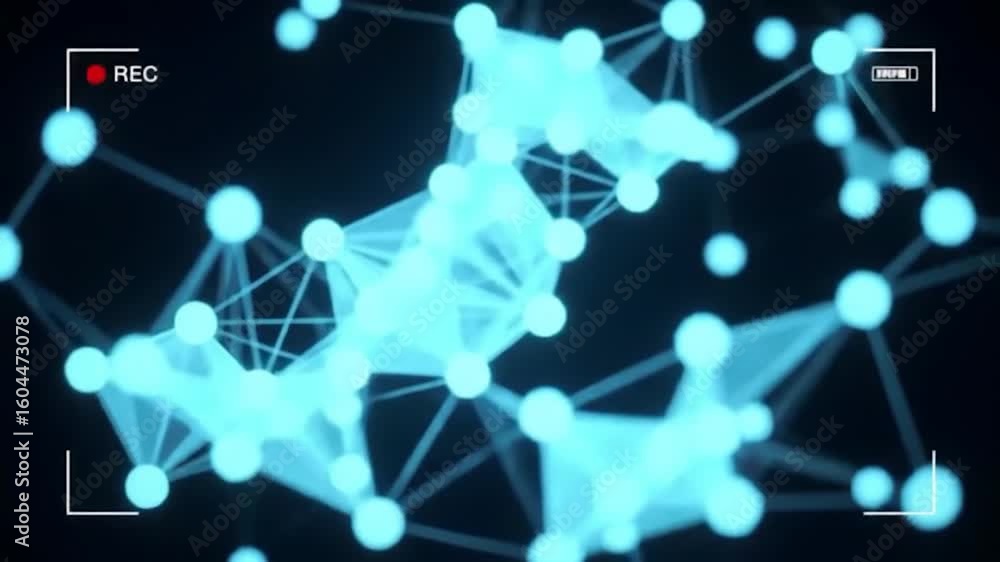 Poster a complex network of cyan nodes connected by lines, displayed through a digital viewfinder