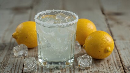Zoomed-in image of a chilled lemon drink with salt in a see-through glass