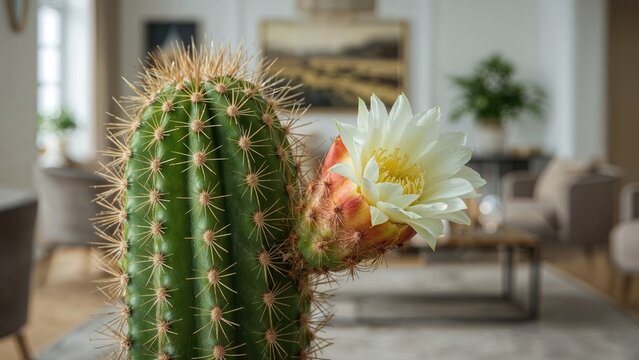 Macro shot of a lush green Echinopsis calochlora cactus in an indoor setting