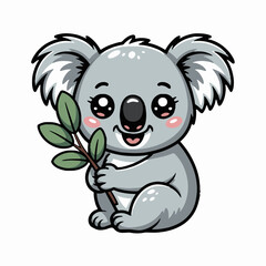 Cartoon koala holding a branch with leaves sitting down with a smile on a white background