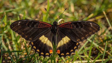 Close-up photo of a large male birdwing butterfly, the biggest butterfly species in the region