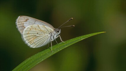 Obraz premium Macro shot of a delicate pale butterfly perched on a green leaf