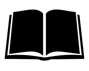 Simple black silhouette illustration of an open book on a white background