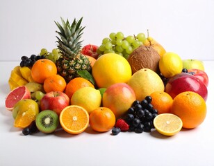 : "High-key still life photography featuring an assortment of fruits on a seamless white background. Utilize a cinematic approach to highlight their unique textures and a cohesive color scheme. Ultra-