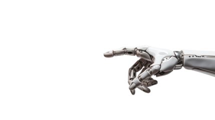 Futuristic robotic hand pointing to the future of technology and innovation, AI concept isolated on white or transparent png.