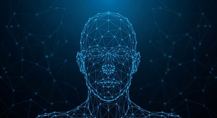 Abstract digital human head formed by glowing network connections, symbolizing advanced artificial intelligence, big data analytics, and the future of technology.