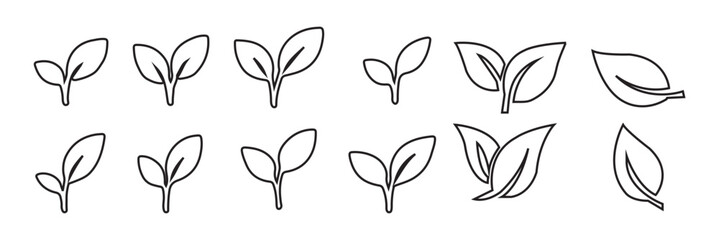 Leaf sprout icon vector set, green leaves plant eco logo symbol simple graphic illustration set, vegan fresh herb pictogram shape sign, organic natural healthy logotype eps 10