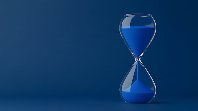 Hourglass with Blue Sand: Capturing the Ephemeral Nature of Time. The clock counts down, marking the passage of moments. Time is fleeting. Plan today!