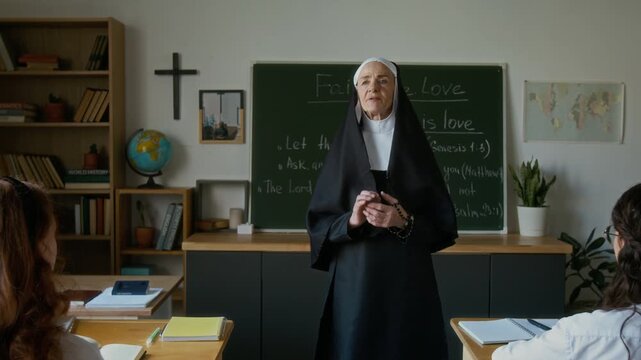 Zoom out shot of senior Caucasian nun teacher in veil entering classroom with teen girls in uniforms sitting at desks and starting Bible class with prayer holding rosary beads in hands