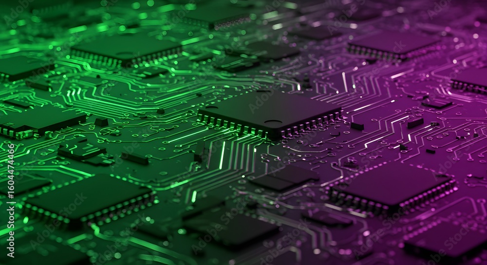Poster close-up of a complex circuit board with integrated chips, illuminated with green and purple gradien