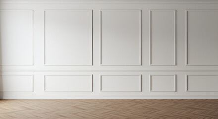 Room interior with white classic wall panel and wooden floor. Light background with luxury elegant molding frames. Realistic 3d vector illustration of home or office design with moulding and parquet