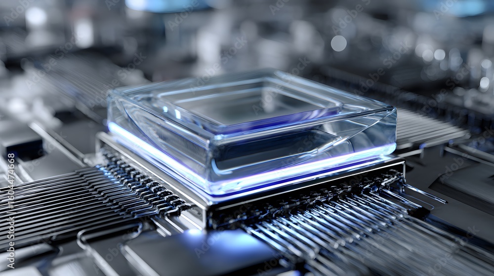 Poster closeup of a futuristic microchip with glowing core