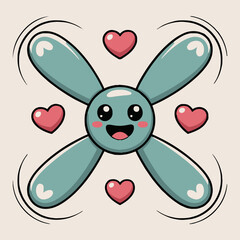 Cartoon propeller character with smiling face surrounded by hearts and motion lines design