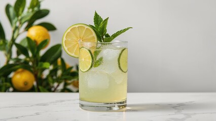 Fototapeta premium Chilled lemon-lime drink with fresh mint leaves served in glasses, isolated on white background, summer refreshment