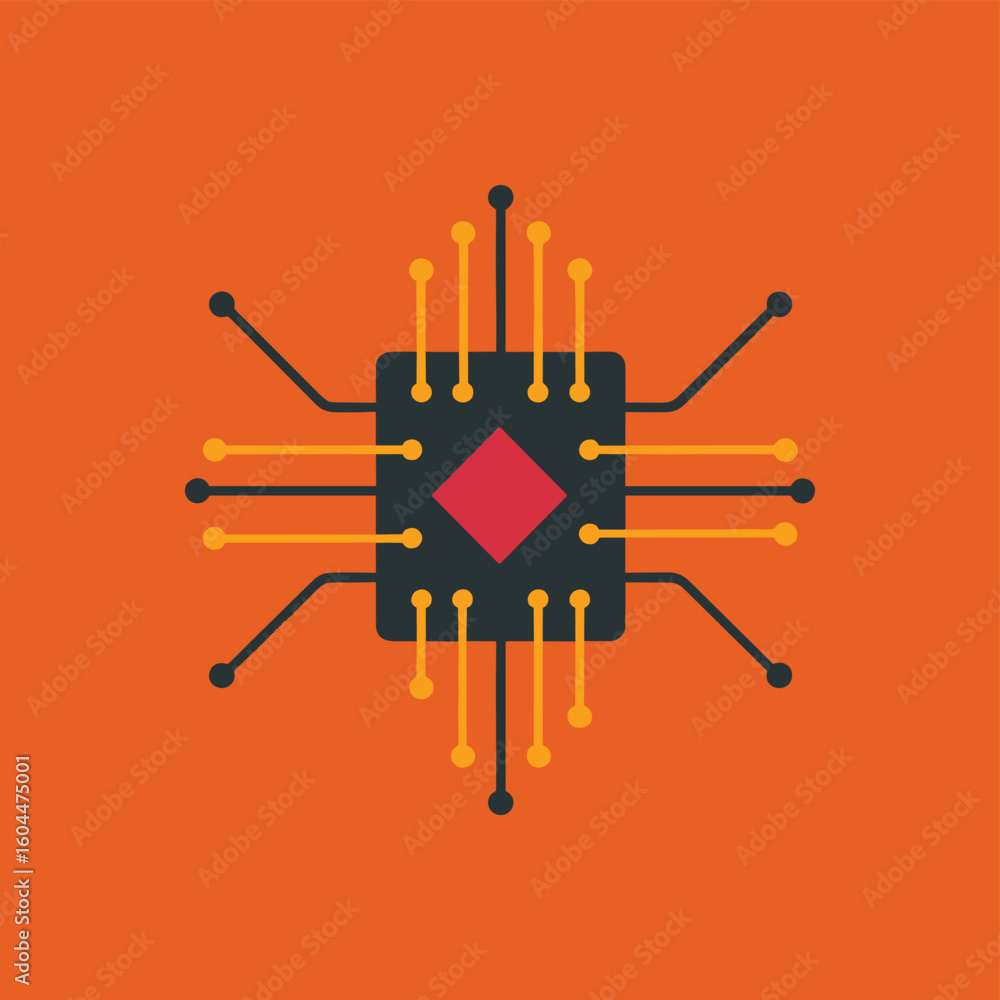 Poster computer chip processor vector icon on orange background